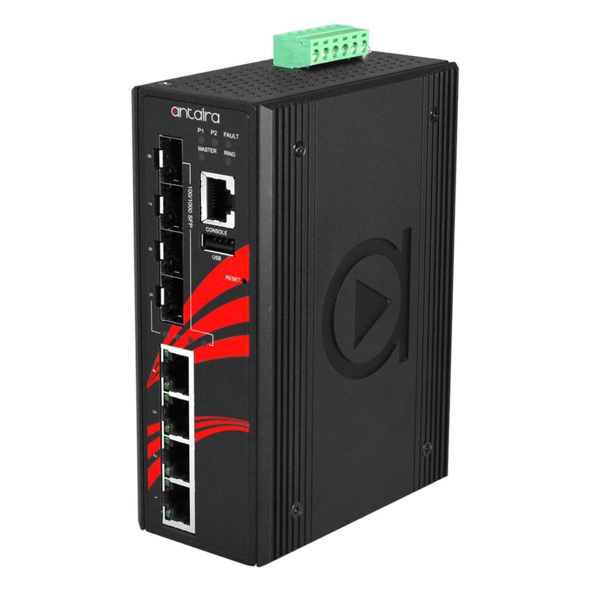 Antaira LMP-0804G-SFP DIN-rail switch, three-quarter view with SFP ports, RJ45 ports, console port and terminal block power
