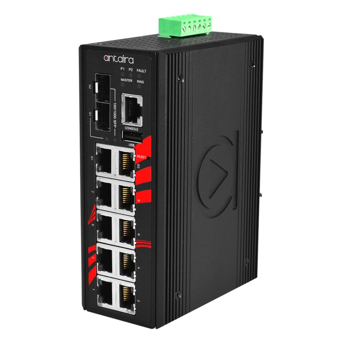 Antaira LMP-1202M-SFP industrial Ethernet switch, three-quarter view with two SFP slots, console port and ten RJ45 ports