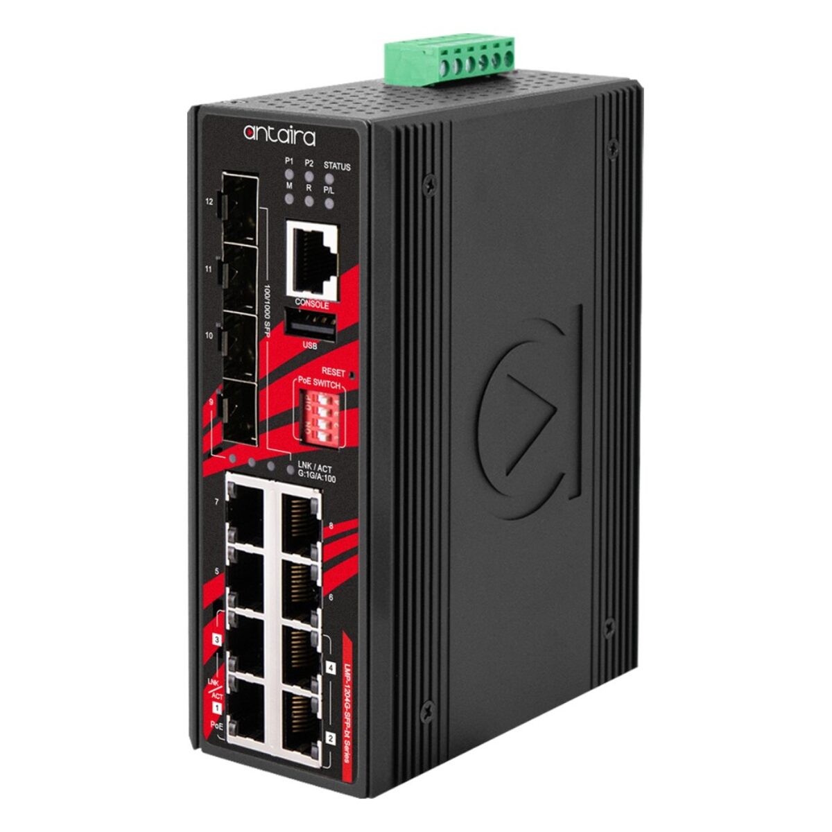 Antaira LMP-1204G-SFP-bt-T-BOS PoE++ switch, three-quarter view with SFP ports, RJ45 ports, DIP switches and terminal block