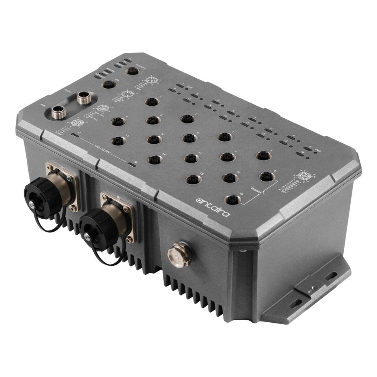 Antaira LMP-1802G-M12-10G-SFP-67-24 M12 Ethernet switch, three-quarter view with M12 ports, sealed fibre ports and fins