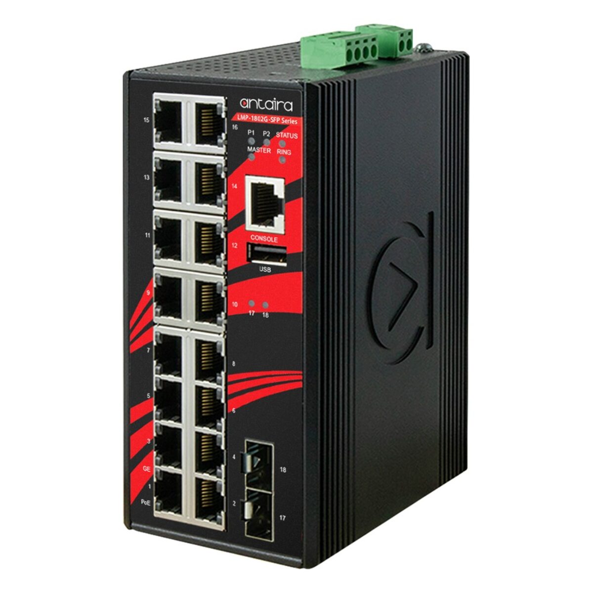 Antaira LMP-1802G-SFP DIN-rail Ethernet switch, three-quarter view with 16 RJ45 ports, two SFP slots, console port and LEDs