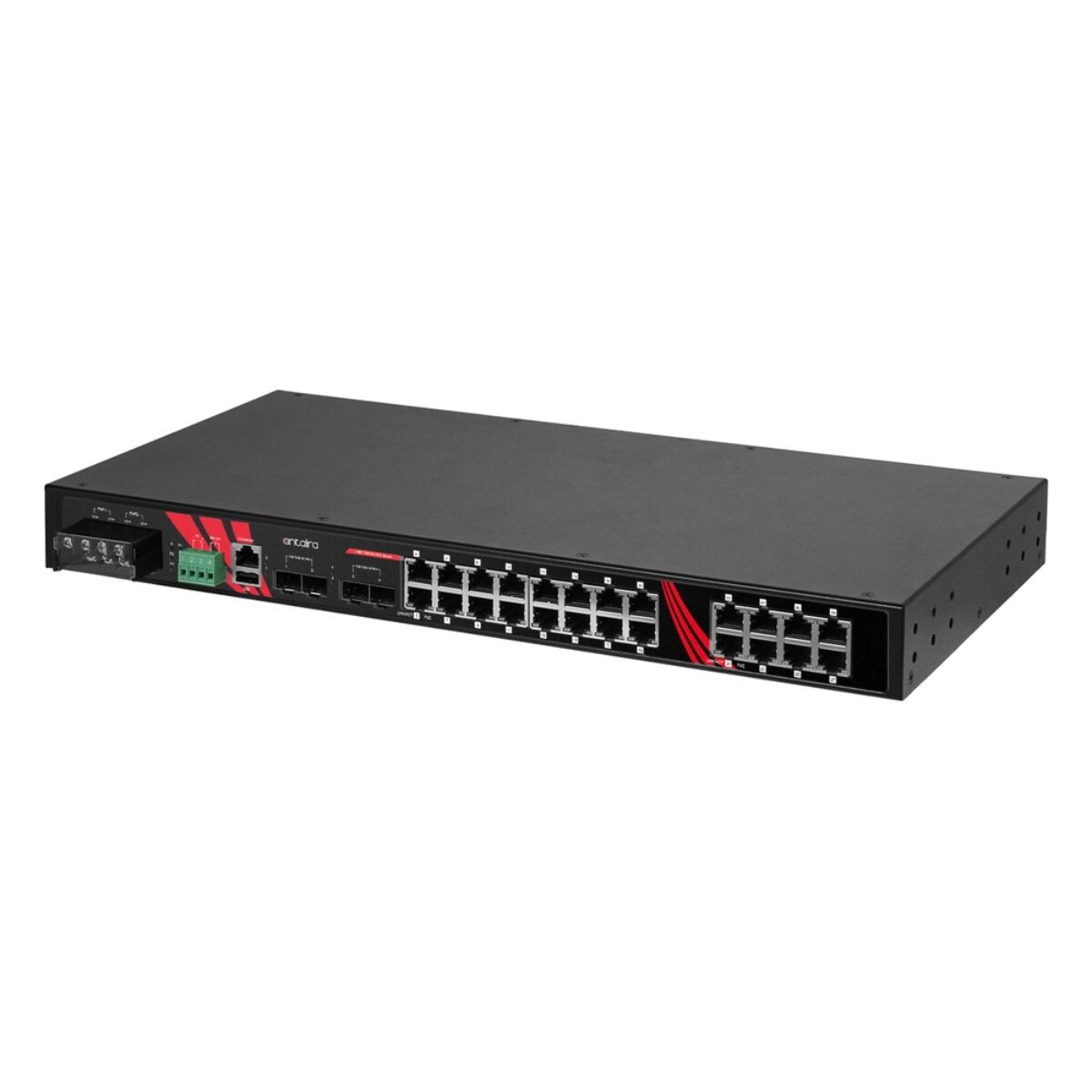 Antaira LMP-2804G-4XS-24 rackmount industrial switch, front three-quarter view with RJ45 ports, SFP+ slots and terminal block