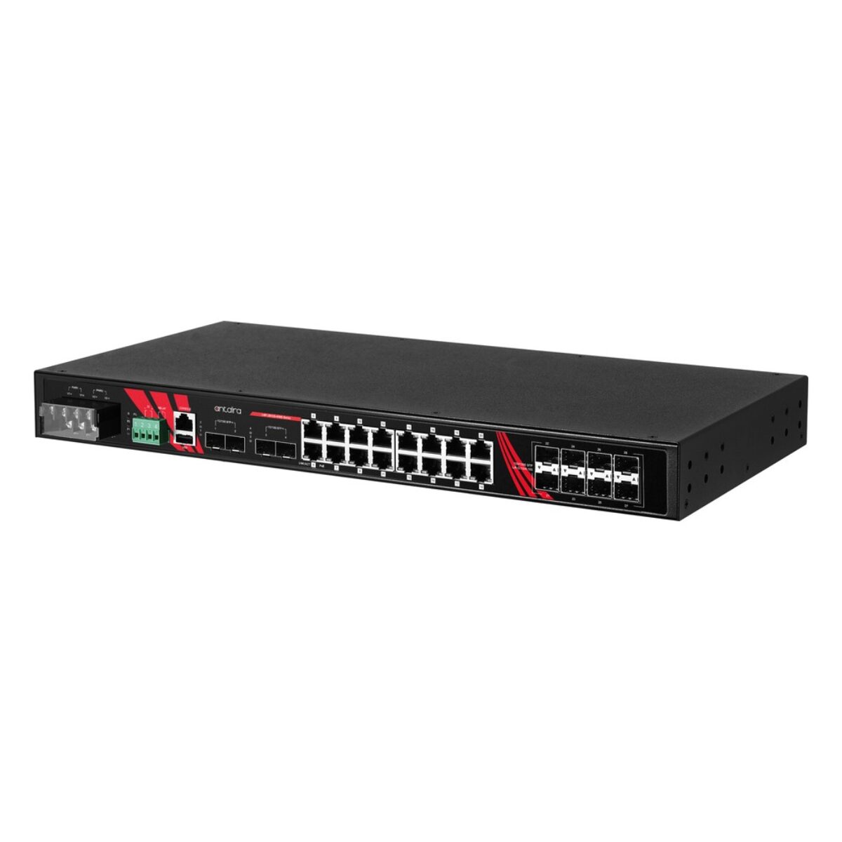 Antaira LMP-2812G-4X8S-24 rackmount industrial switch, right three-quarter view with terminal block, RJ45 ports and SFP slots