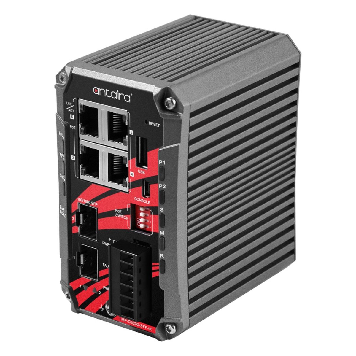 Antaira LMP-C602G-SFP-bt-T-V2 PoE++ switch, three-quarter view with RJ45 ports, SFP slots, DIP switches and terminal block