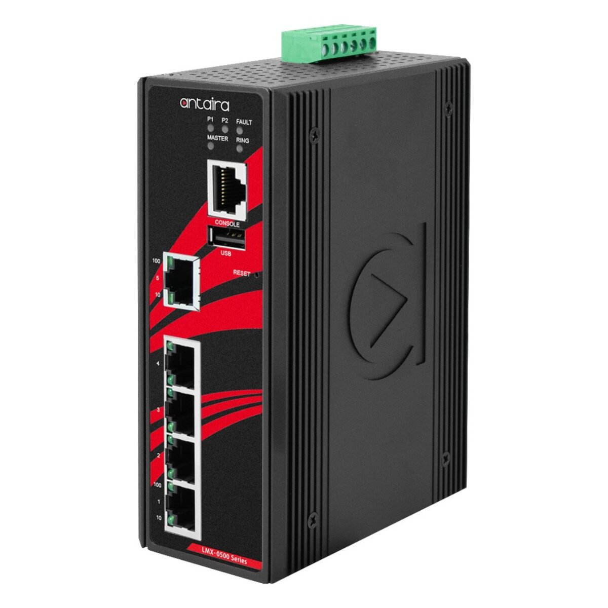 Antaira LMX-0500-V2 industrial Ethernet switch, left three-quarter view with RJ45 ports, console port and LEDs
