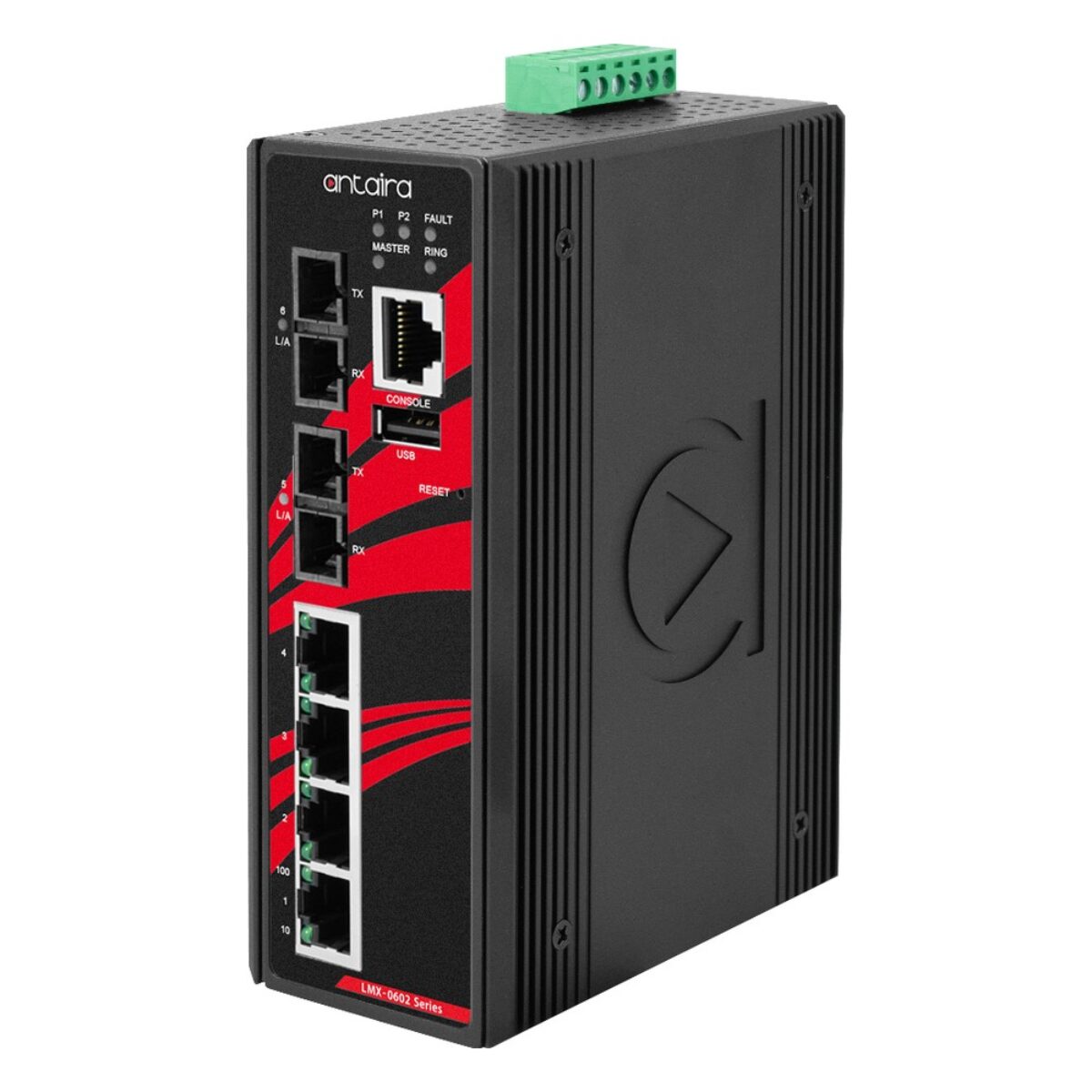 Antaira LMX-0602-M-T-V2 industrial network switch, three-quarter view with SC fibre ports, RJ45 ports, console port and LEDs