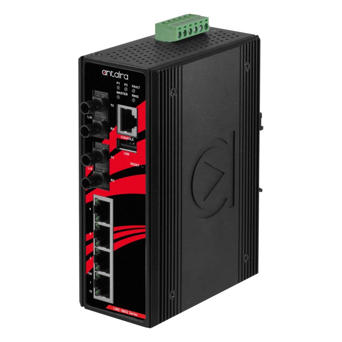 Antaira LMX-0602-S3-V2 industrial network switch, three-quarter view with SC fiber ports, RJ45 ports and LEDs