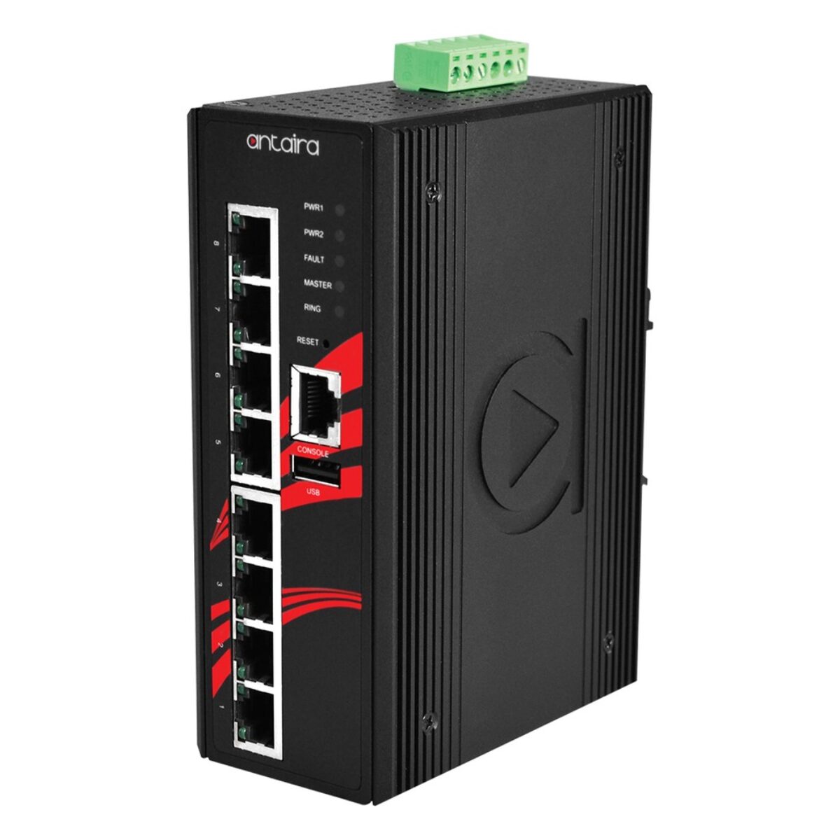 Antaira LMX-0800G industrial Ethernet switch, three-quarter view with eight RJ45 ports, console port, LEDs and terminal block