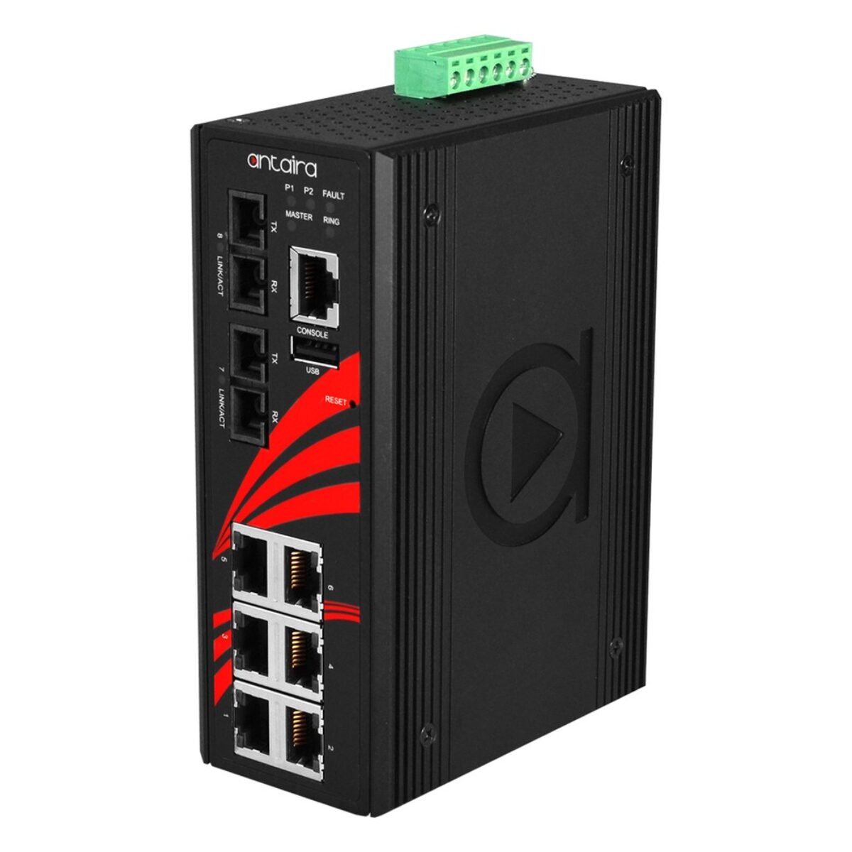 Antaira LMX-0802-S3-T industrial Ethernet switch, three-quarter view with SC fiber ports, RJ45 ports and console port