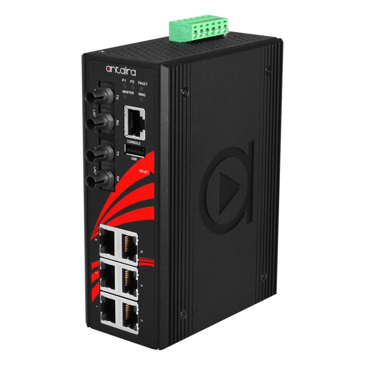 Antaira LMX-0802-ST-S3-T industrial Ethernet switch, three-quarter view with ST fiber ports, RJ45 ports and console port