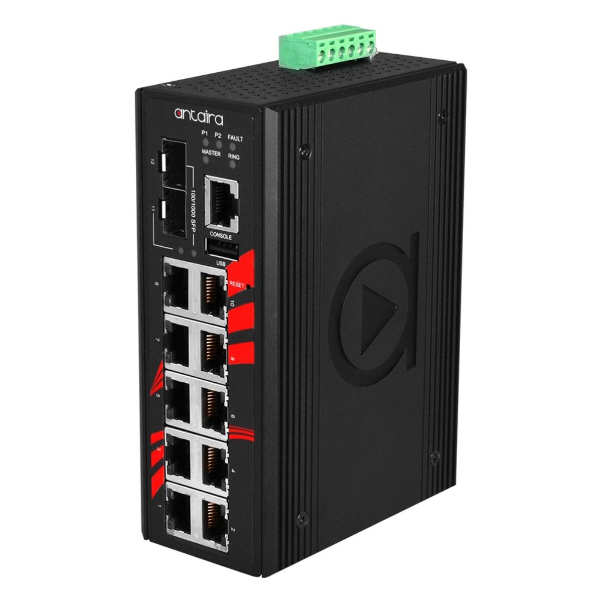 Antaira LMX-1202G-SFP DIN-rail Ethernet switch, three-quarter view with SFP ports, RJ45 ports and console port