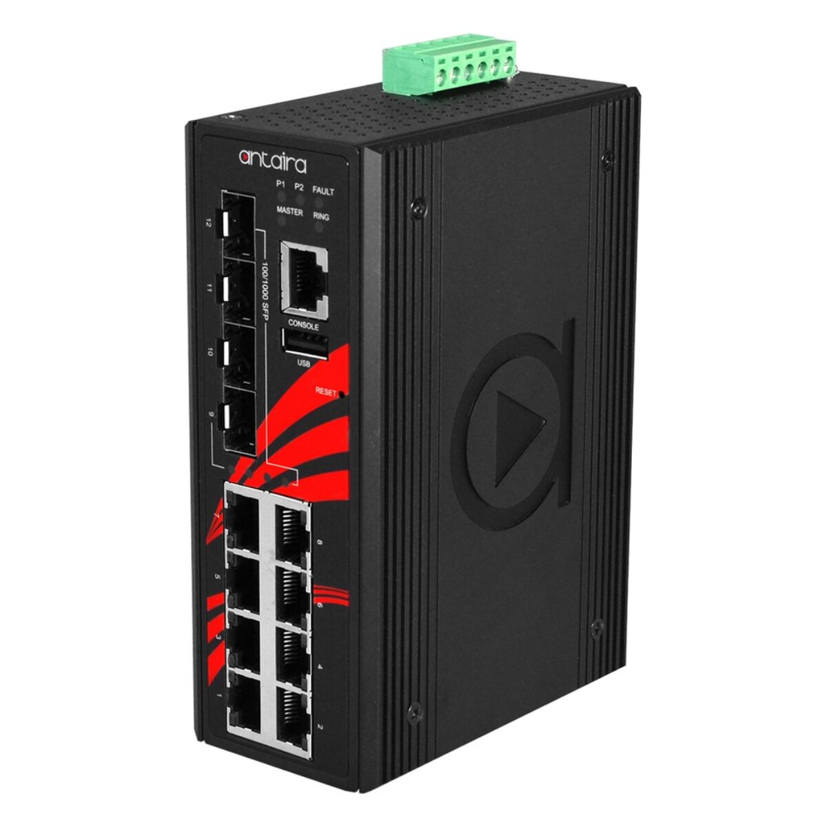 Antaira LMX-1204G-SFP industrial Ethernet switch, left three-quarter view with SFP slots, RJ45 ports, console port and LEDs