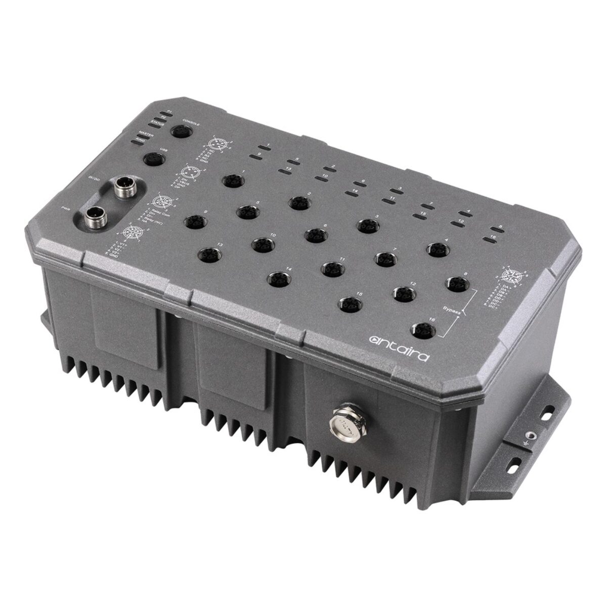 Antaira LMX-1600G-M12-67-110 M12 Ethernet switch, three-quarter view with M12 ports, cooling fins and wall-mount flanges