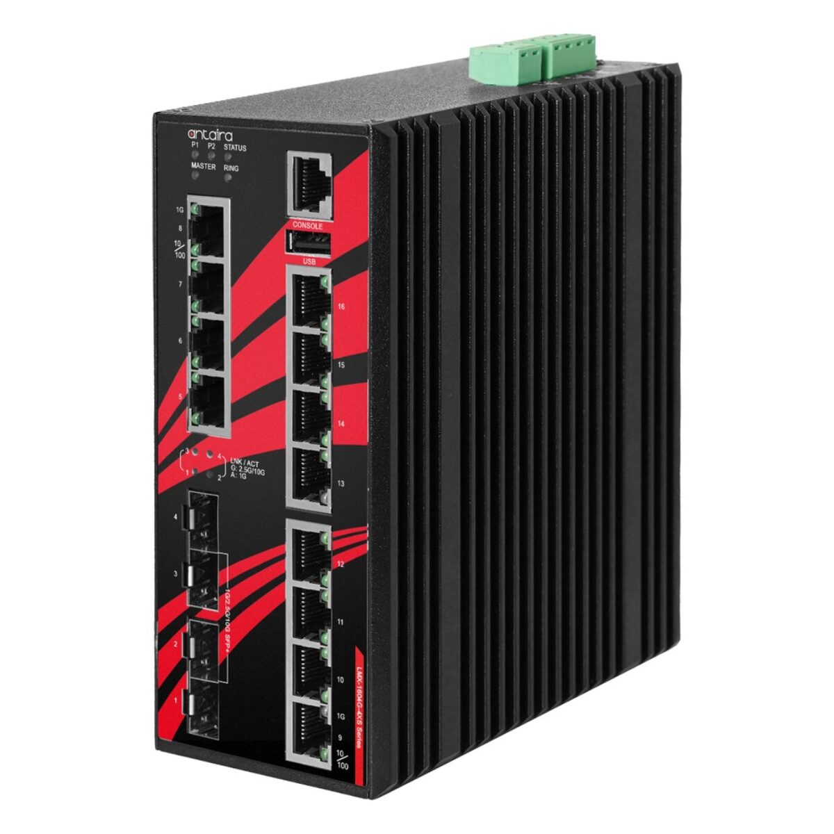 Antaira LMX-1604G-4XS Layer 3 managed switch, three-quarter view with console port, RJ45 ports, four SFP+ slots and LEDs