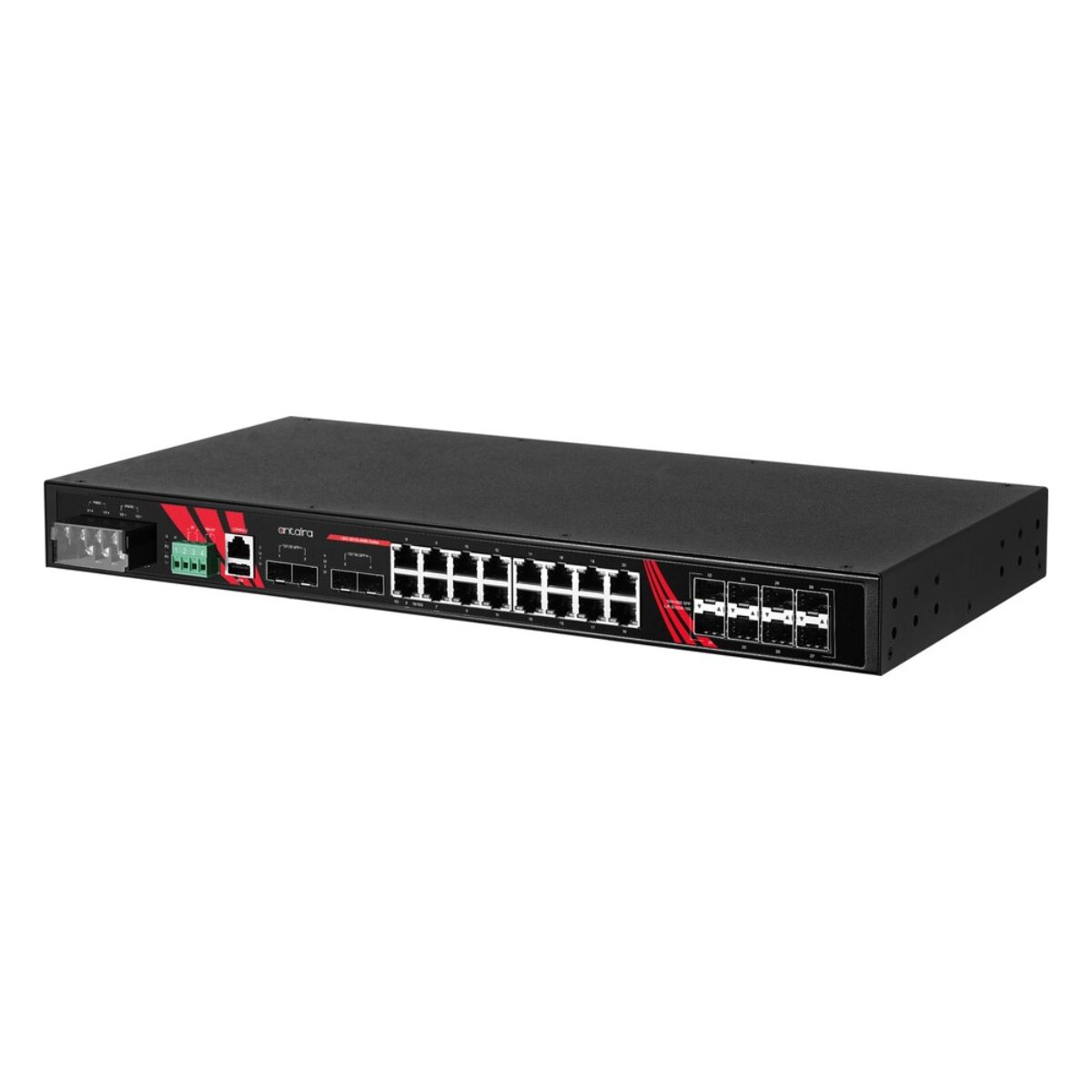 Antaira LMX-2812G-4X8S rackmount industrial switch, three-quarter view with RJ45 ports, SFP slots and terminal block power