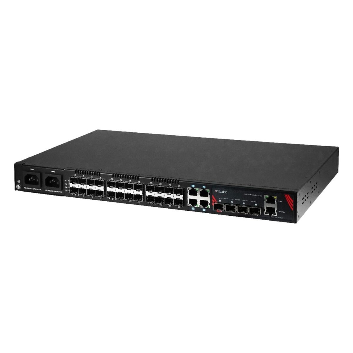 Antaira LMX-3228G-10G-SFP-AA rackmount industrial switch, three-quarter view with SFP slots, RJ45 ports and AC inlets