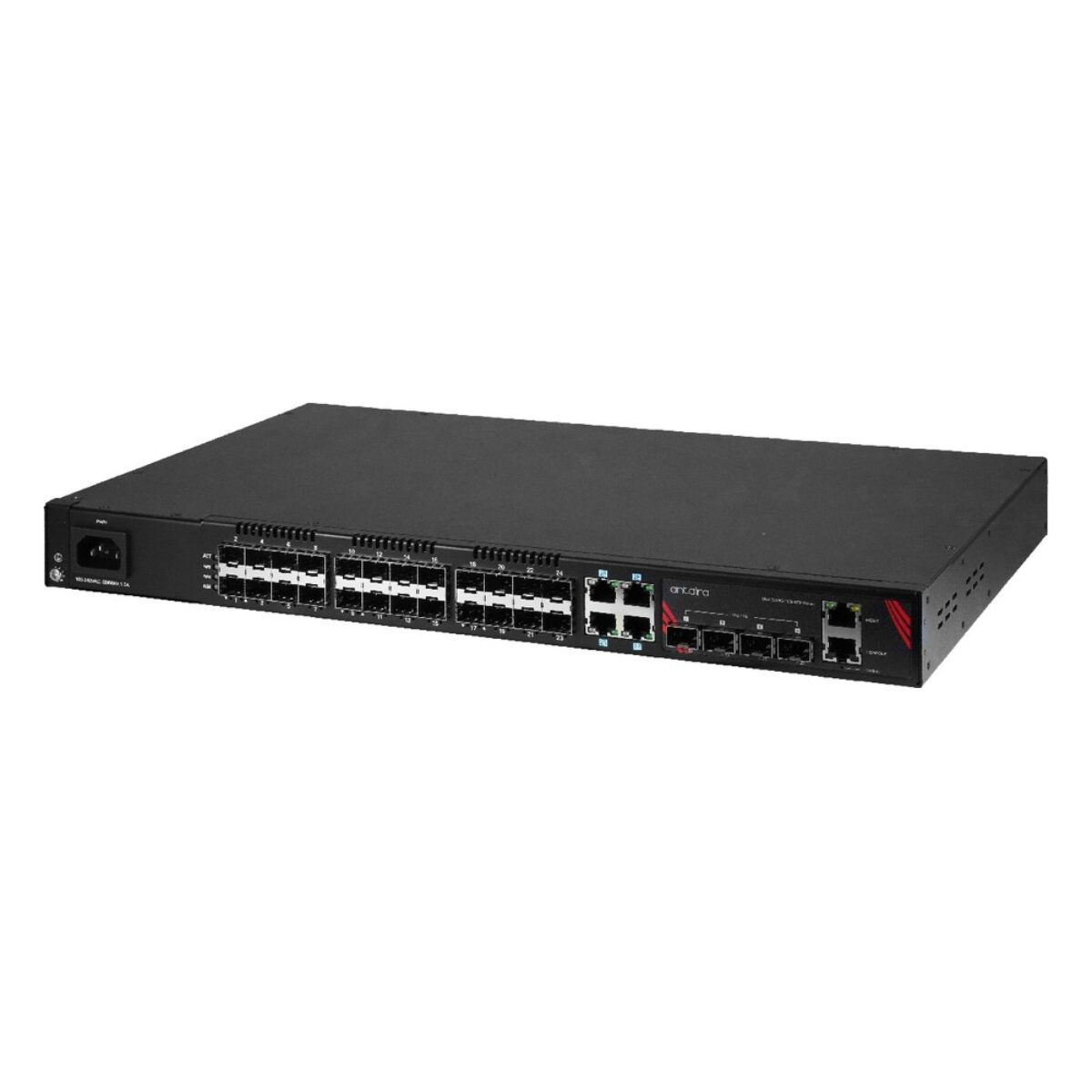 Antaira LMX-3228G-10G-SFP-AC rackmount industrial switch, three-quarter view with AC inlet, SFP and SFP+ ports and RJ45 ports