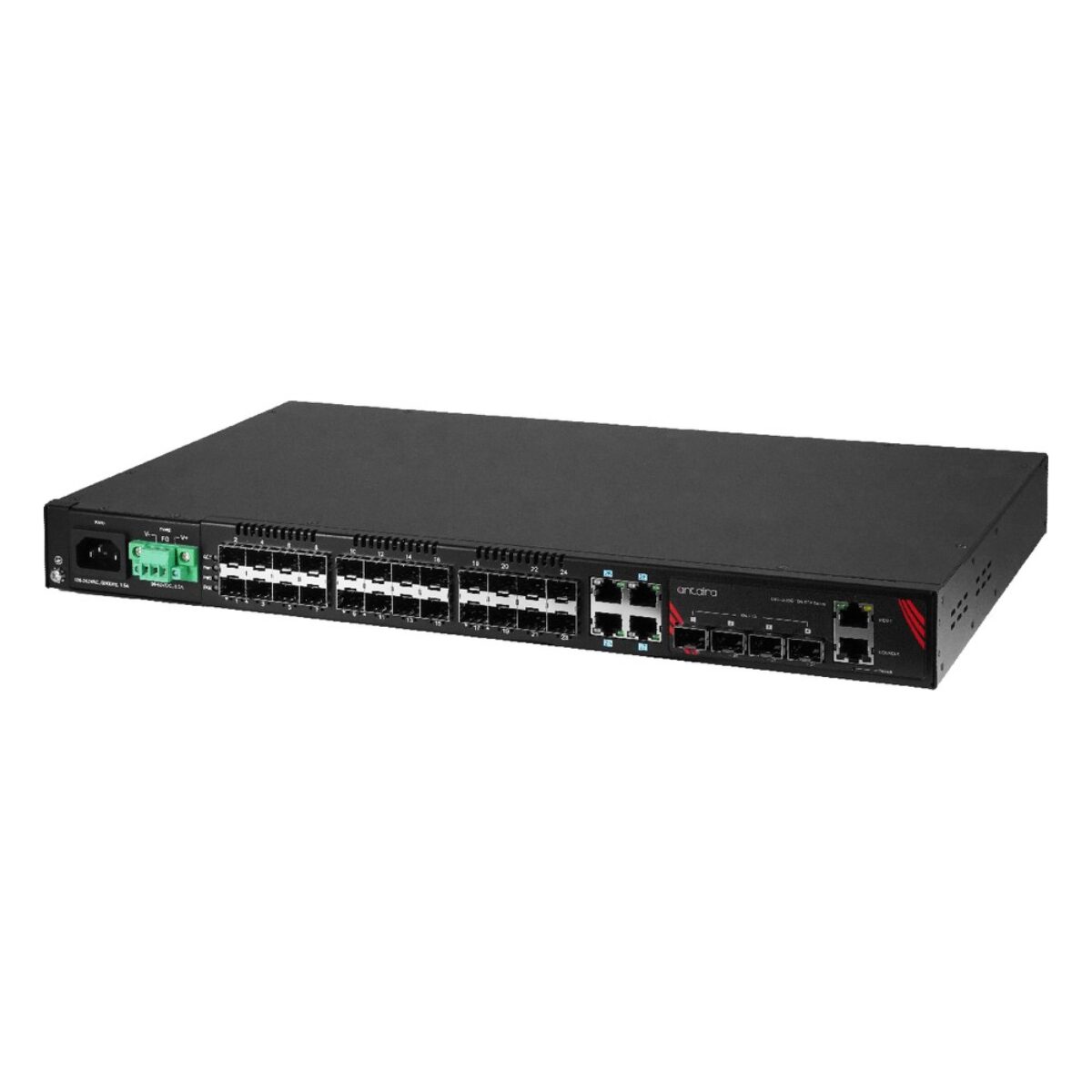 Antaira LMX-3228G-10G-SFP-AD rackmount industrial switch, right three-quarter view with power inlet, SFP slots and RJ45 ports