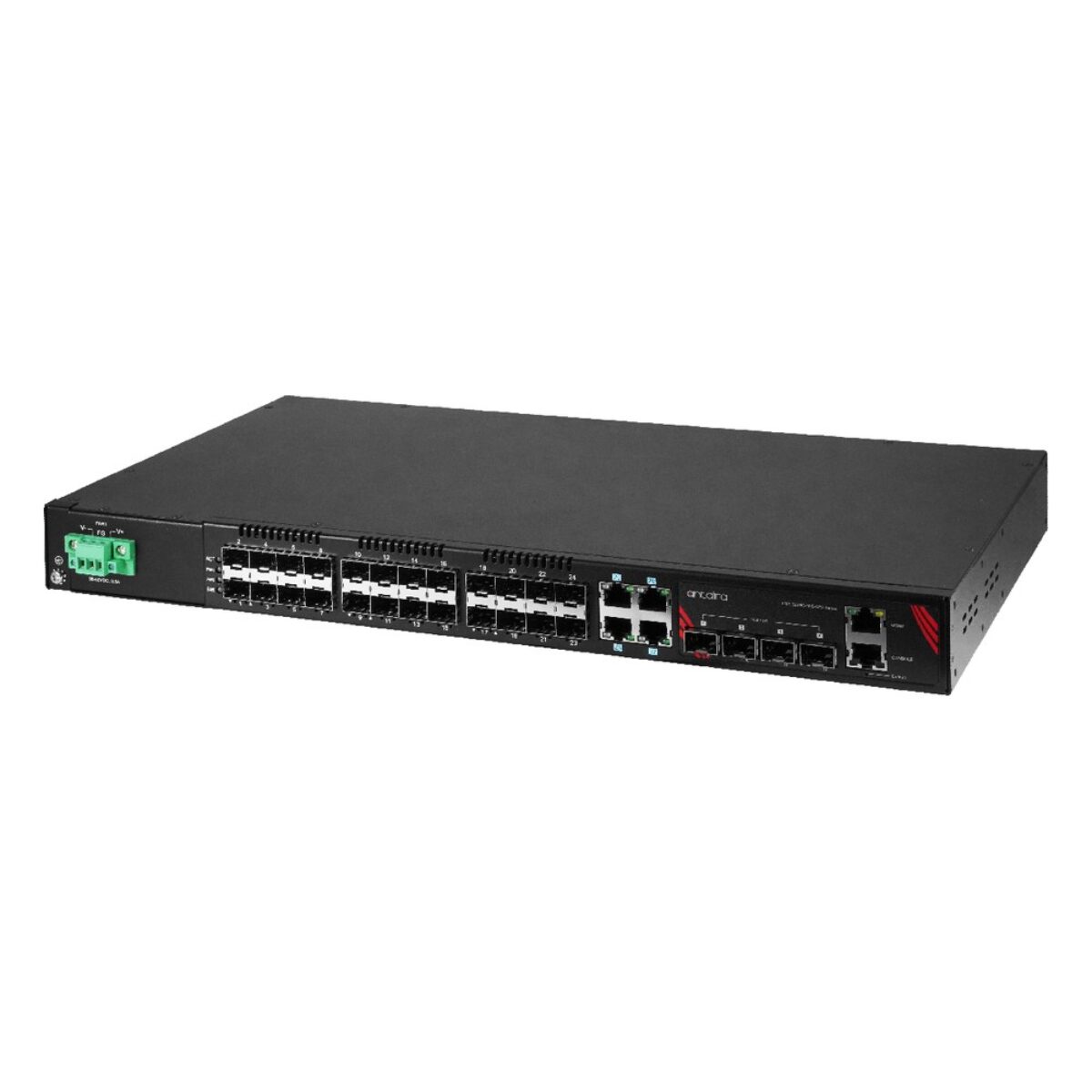 Antaira LMX-3228G-10G-SFP-DC rackmount industrial switch, three-quarter view with power terminal, SFP slots and RJ45 ports