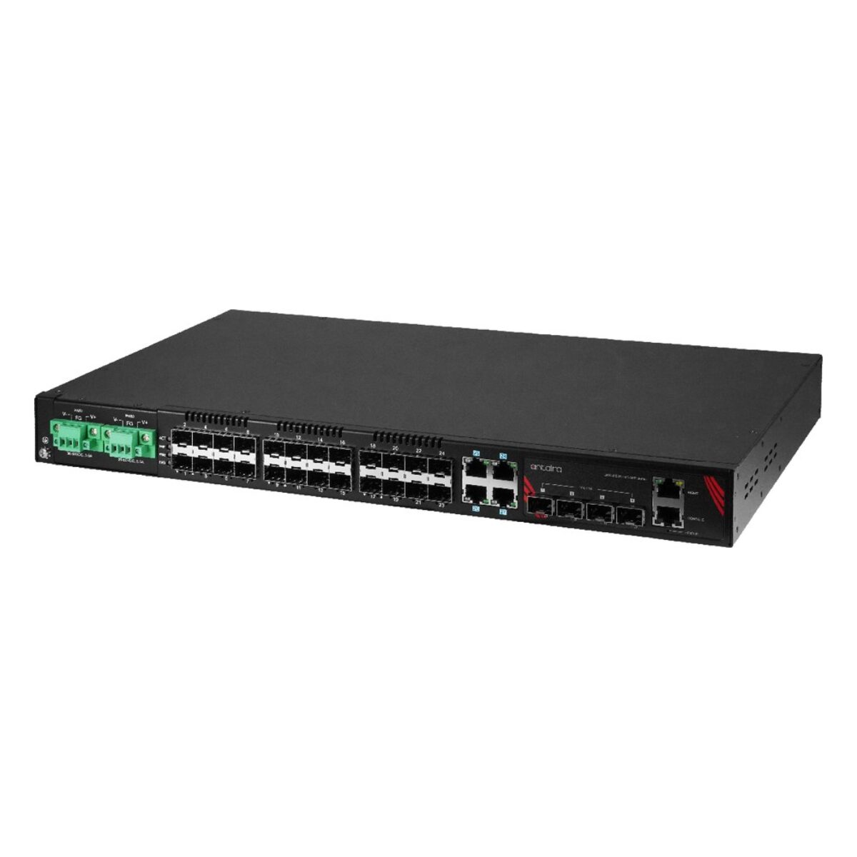 Antaira LMX-3228G-10G-SFP-DD rackmount industrial switch, three-quarter view with SFP slots, RJ45 ports and terminal blocks