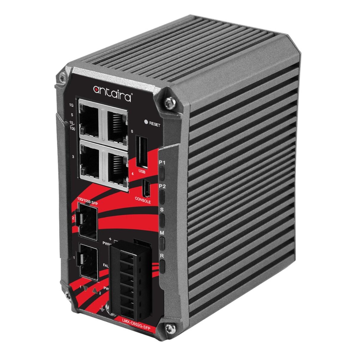 Antaira LMX-C602G-SFP-V2 DIN-rail Ethernet switch, three-quarter view with RJ45 ports, SFP slots and front terminal block