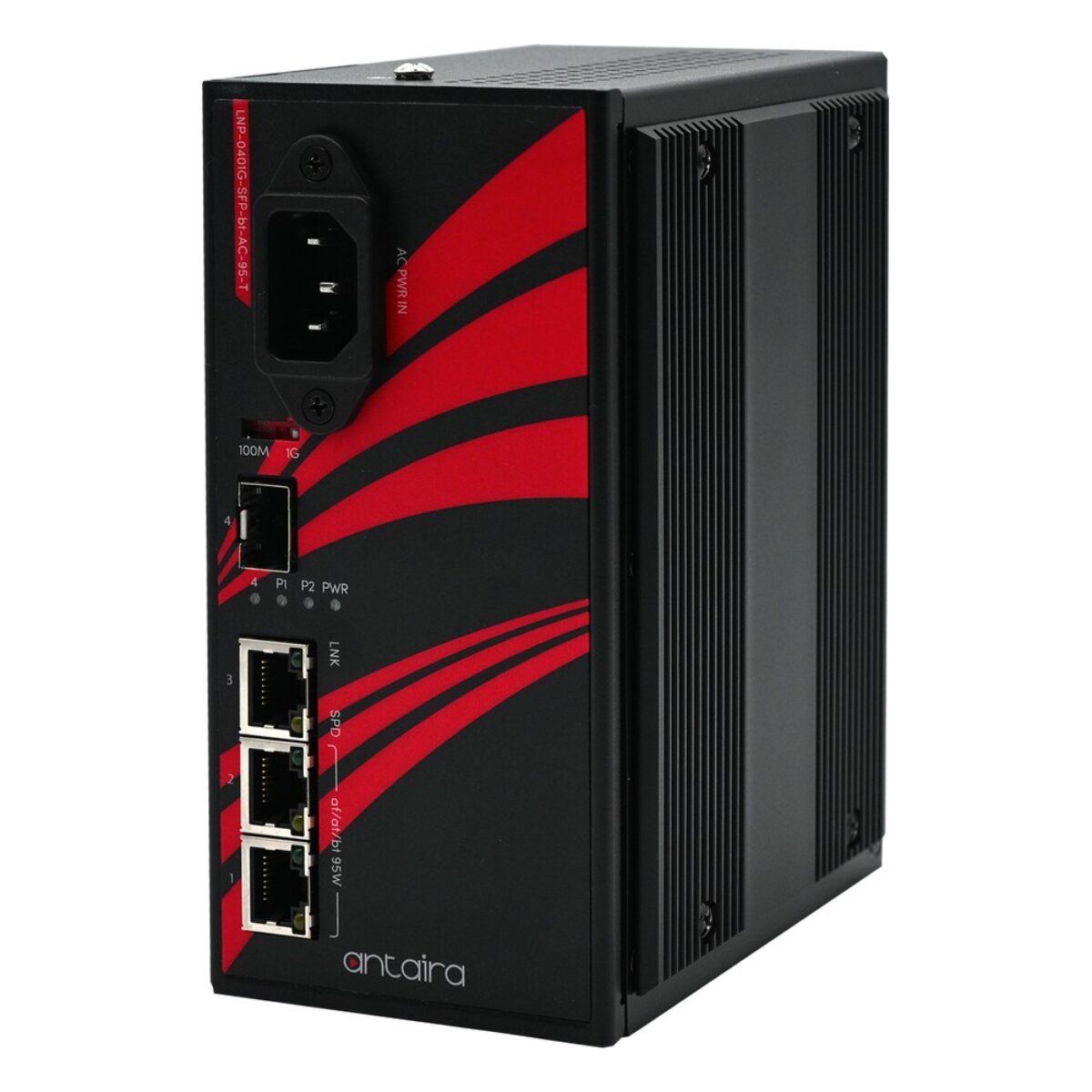Antaira LNP-0401G-SFP-bt-AC-95-T PoE++ switch, three-quarter view with AC power inlet, SFP slot and RJ45 ports