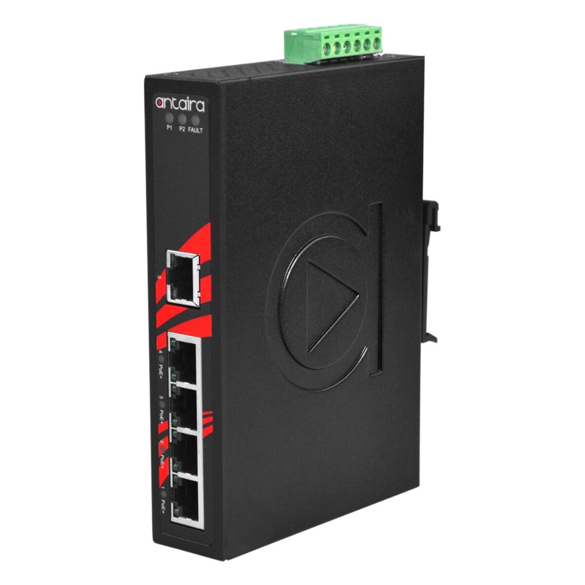 Antaira LNP-0500 unmanaged PoE switch, three-quarter view with five RJ45 ports, LEDs and terminal block power