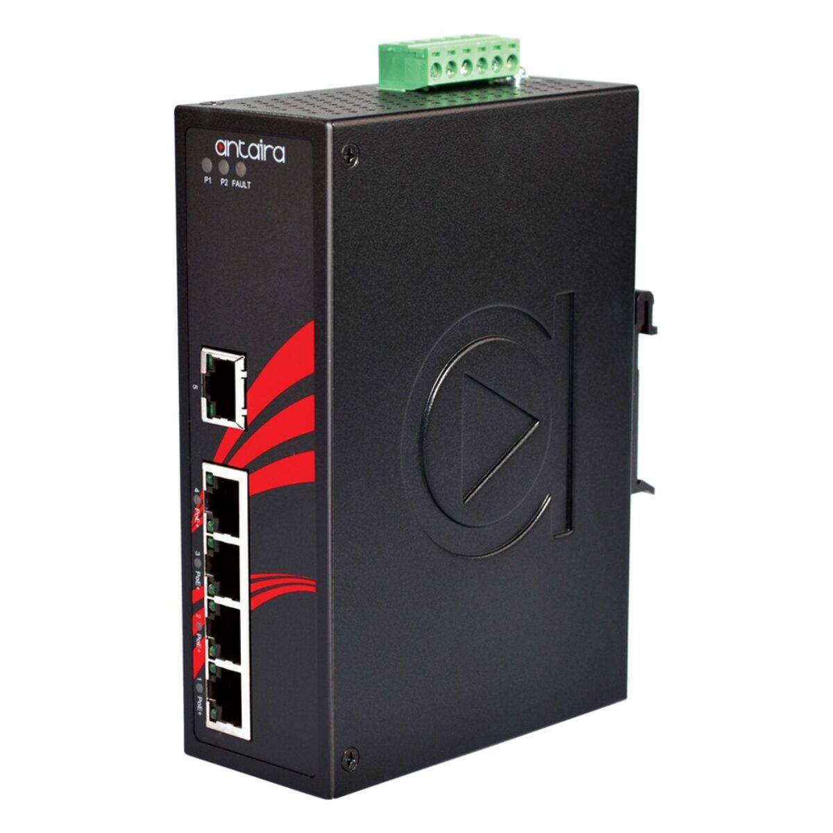 Antaira LNP-0500-24 unmanaged PoE switch, three-quarter view with five RJ45 ports, LEDs and DIN-rail clip