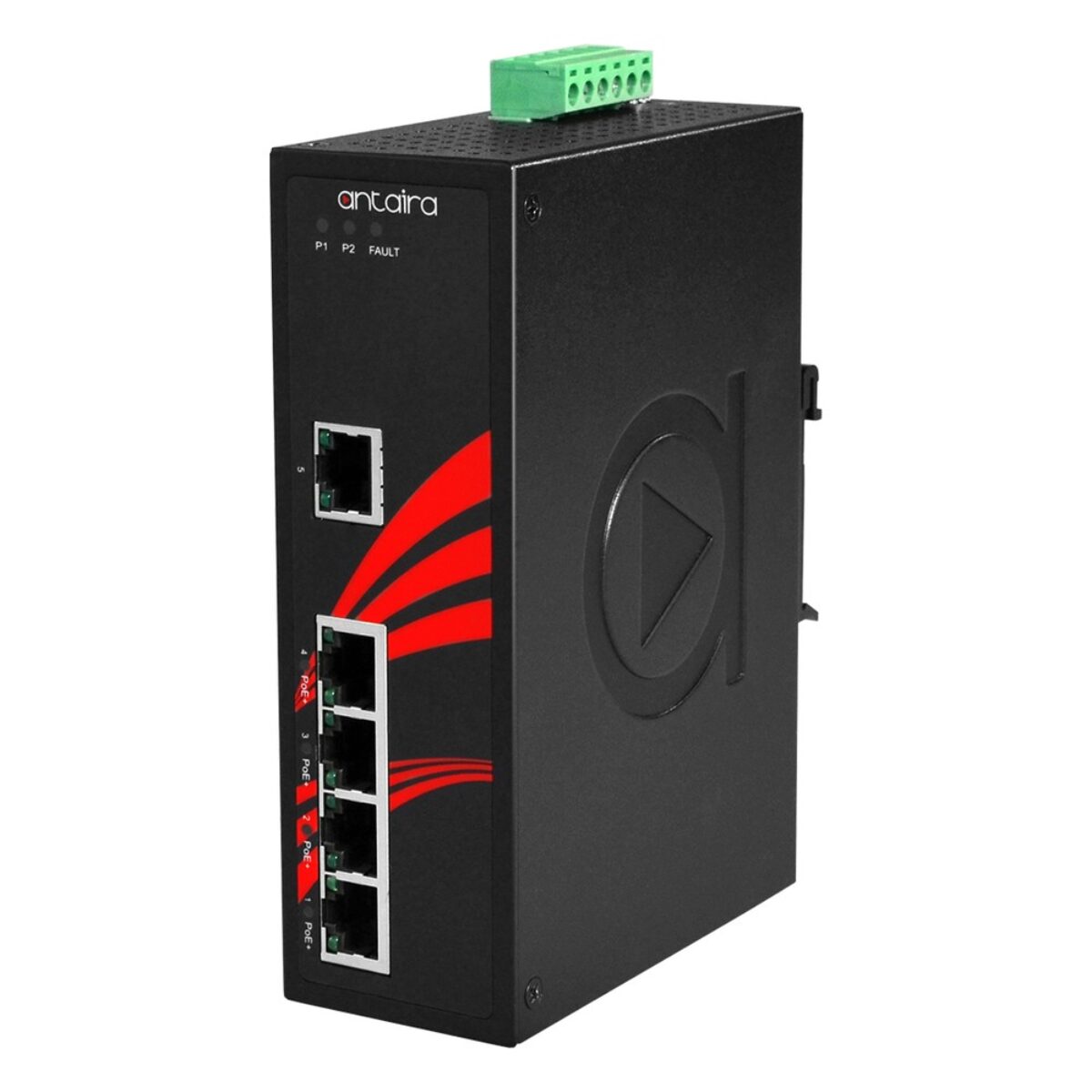 Antaira LNP-0500G-24 unmanaged PoE switch, three-quarter view with five RJ45 ports, LEDs and DIN-rail clip