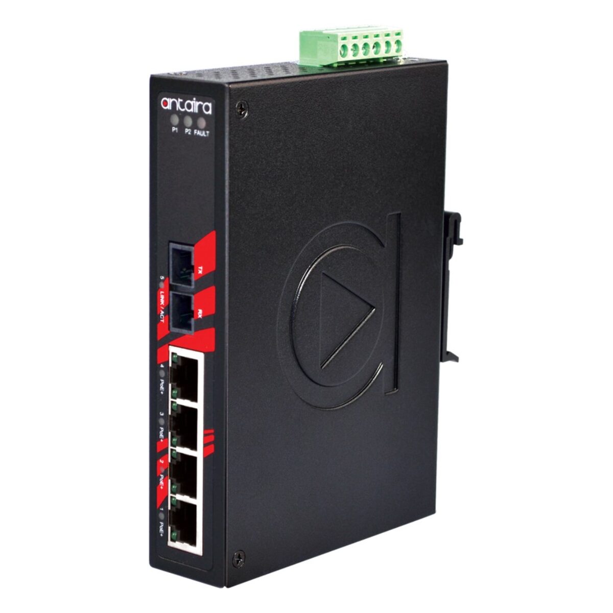 Antaira LNP-0501-M industrial network switch, three-quarter view with SC fiber port and four RJ45 ports