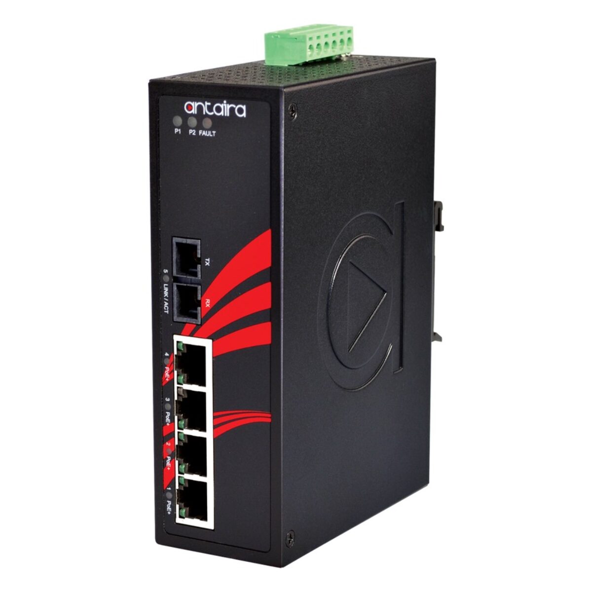 Antaira LNP-0501-M-24 industrial Ethernet switch, three-quarter view with SC fibre port, four RJ45 ports and terminal block