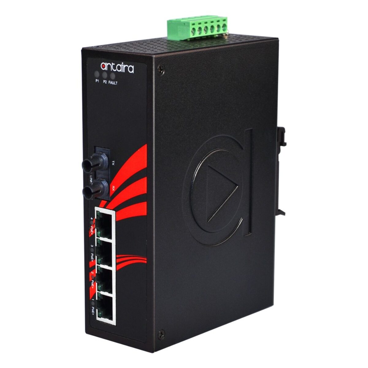 Antaira LNP-0501-ST-M-24 industrial Ethernet switch, three-quarter view with ST fibre port, four RJ45 ports and LEDs