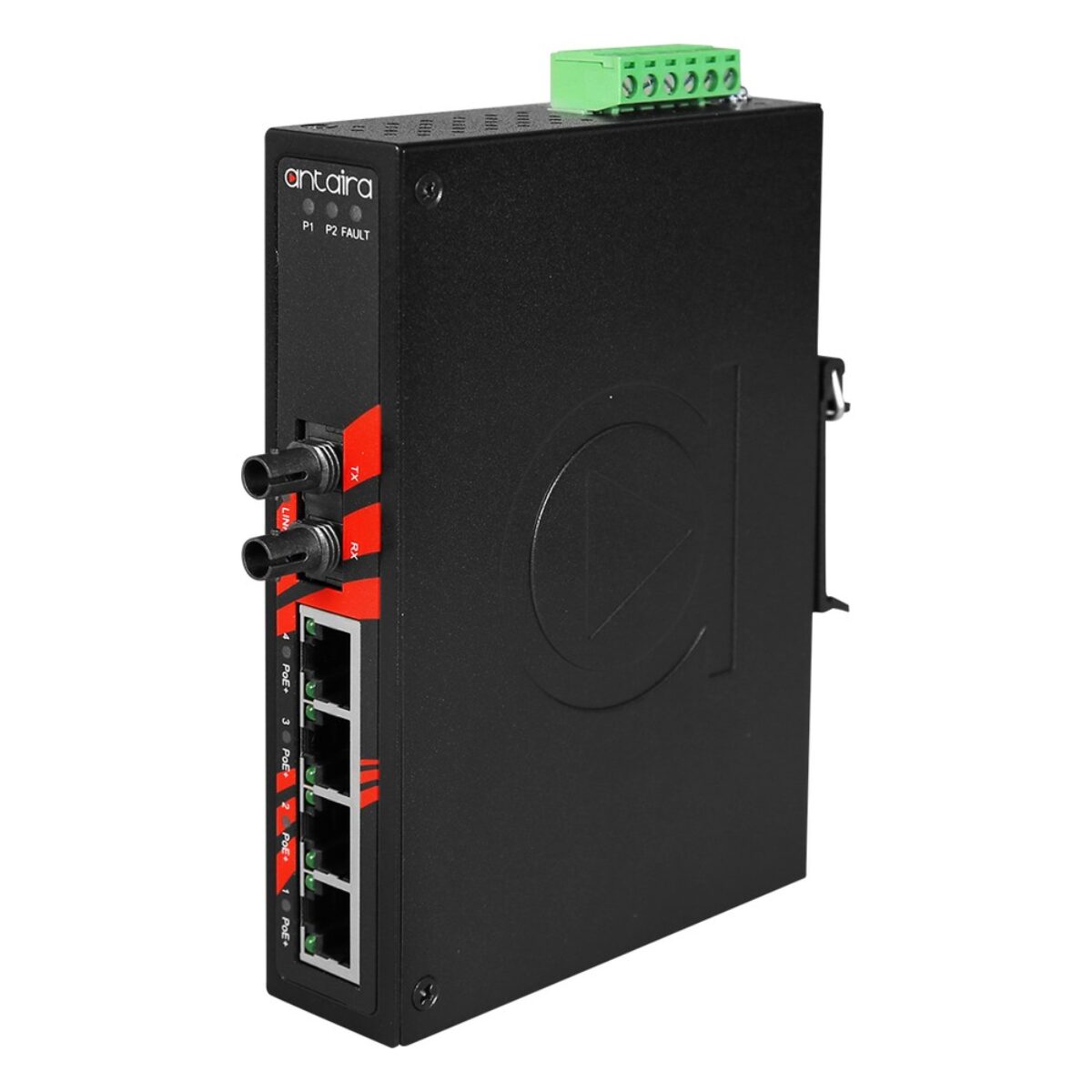 Antaira LNP-0501-ST-M-T industrial network switch, three-quarter view with ST fiber port, RJ45 PoE ports and DIN-rail clip