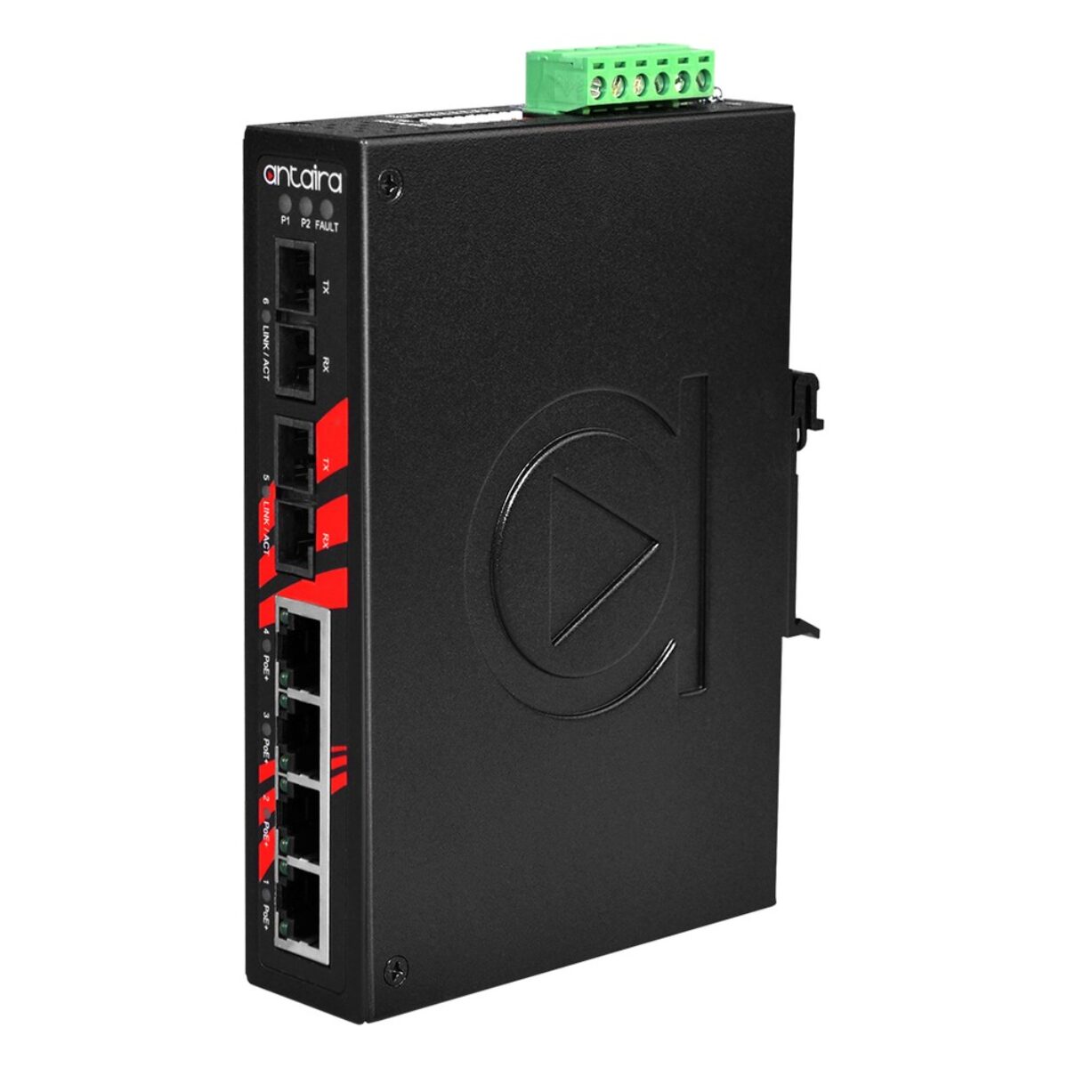 Antaira LNP-0602-M-T industrial network switch, three-quarter view with SC fiber ports, four RJ45 ports and terminal block