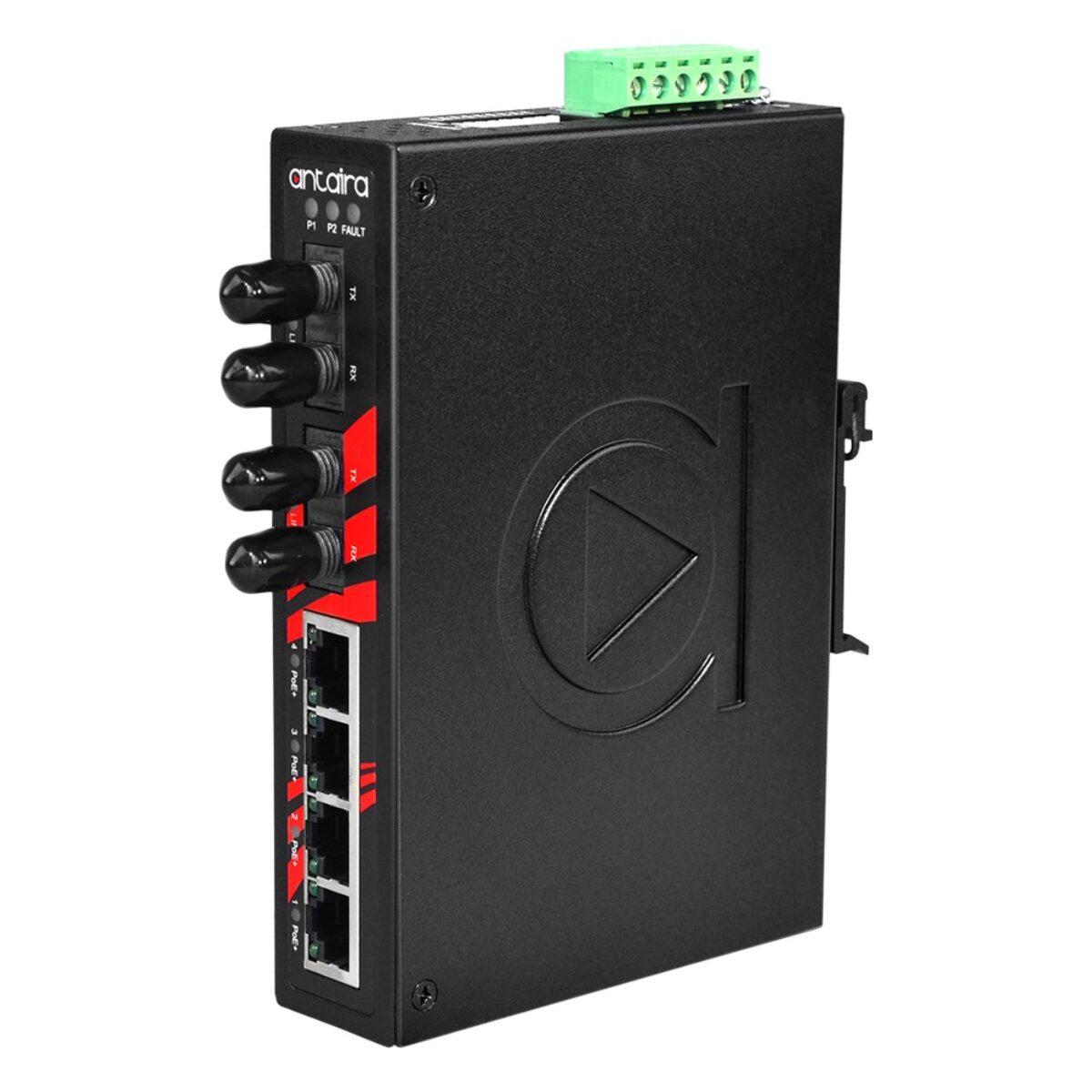 Antaira LNP-0602-ST-M-T industrial network switch, three-quarter view with ST fibre ports, four RJ45 ports and terminal block