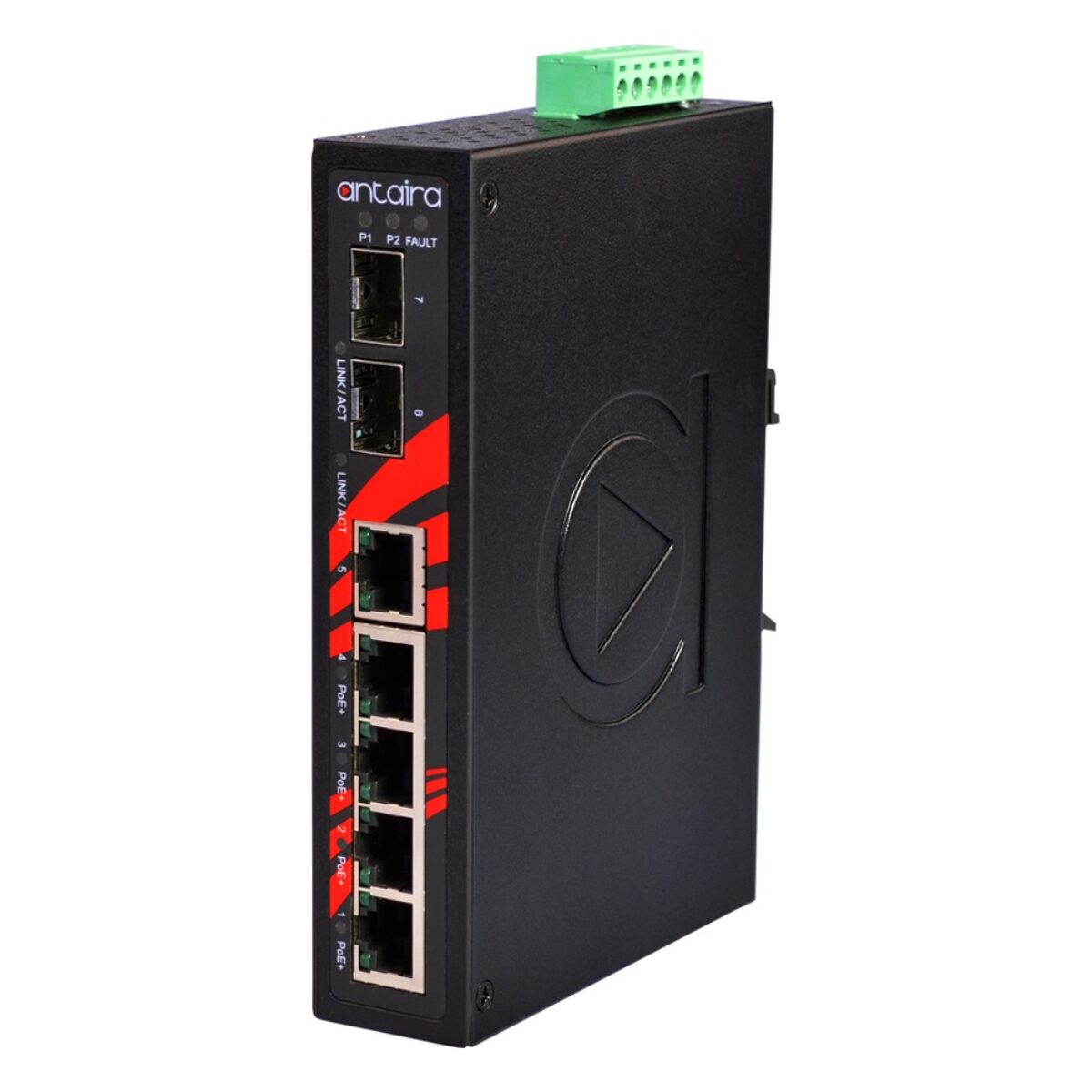 Antaira LNP-0702C-SFP unmanaged industrial Ethernet switch, three-quarter view with two SFP slots, RJ45 ports and LEDs