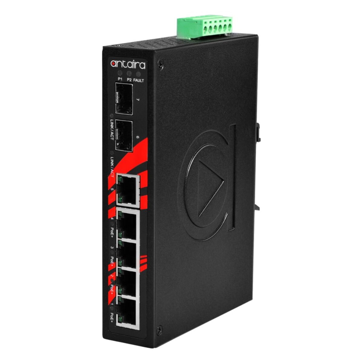 Antaira LNP-0702G-SFP unmanaged PoE switch, three-quarter view with two SFP slots, five RJ45 ports, LEDs and DIN-rail clip