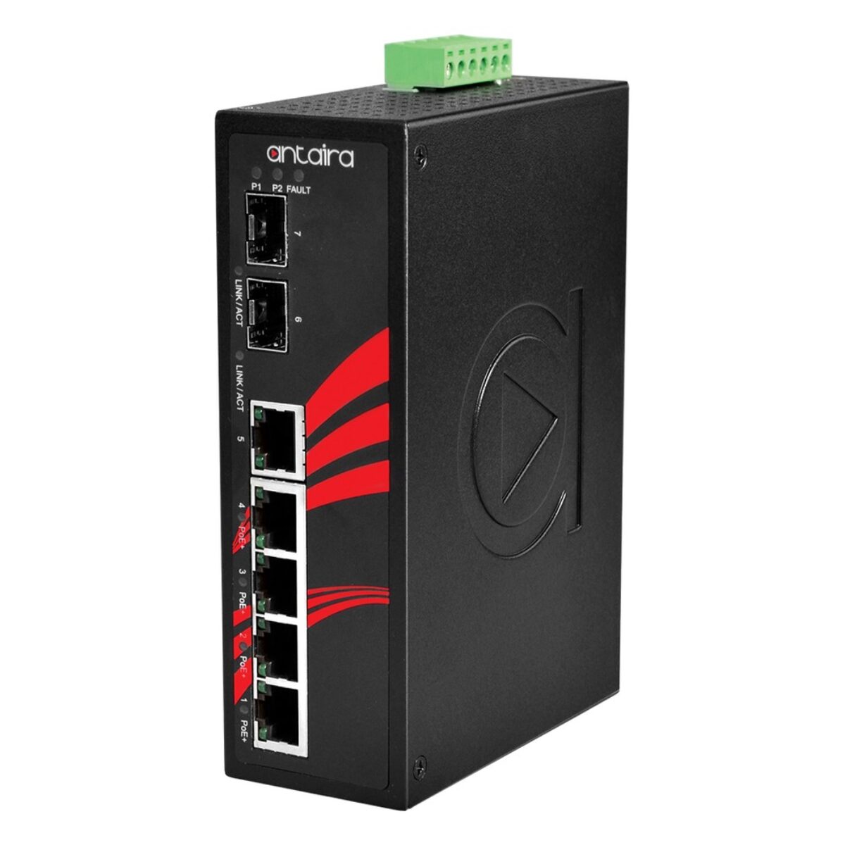 Antaira LNP-0702G-SFP-24 unmanaged industrial Ethernet switch, three-quarter view with SFP slots, PoE ports and DIN-rail clip