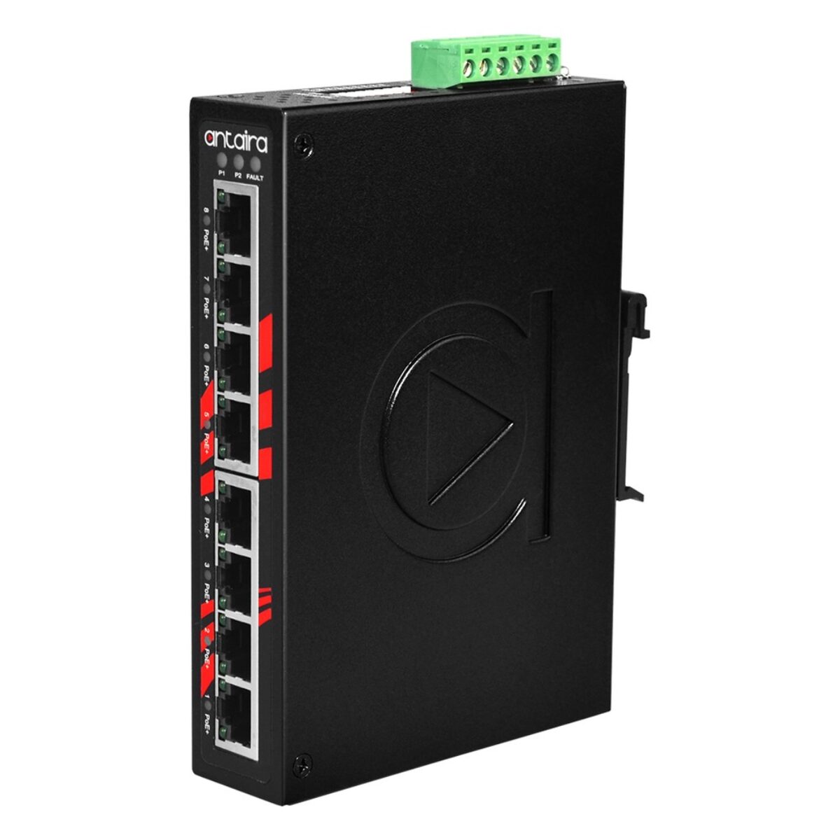Antaira LNP-0800 industrial PoE switch, three-quarter view with eight RJ45 ports and LEDs