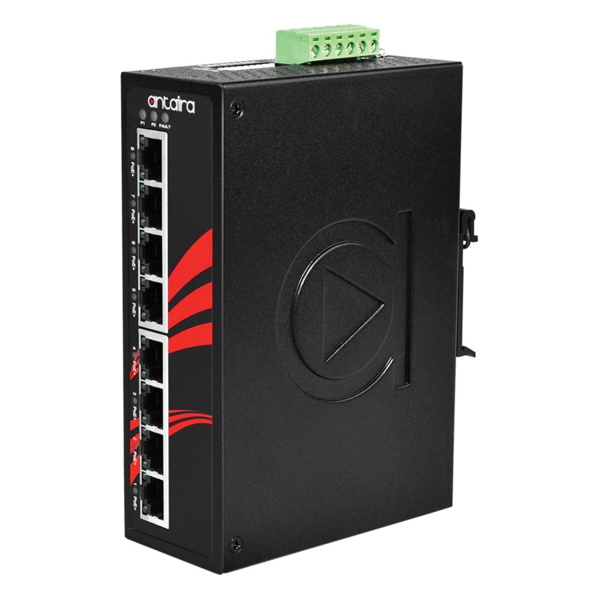 Antaira LNP-0800-24 unmanaged PoE switch, three-quarter view with eight RJ45 ports, LEDs and terminal block power