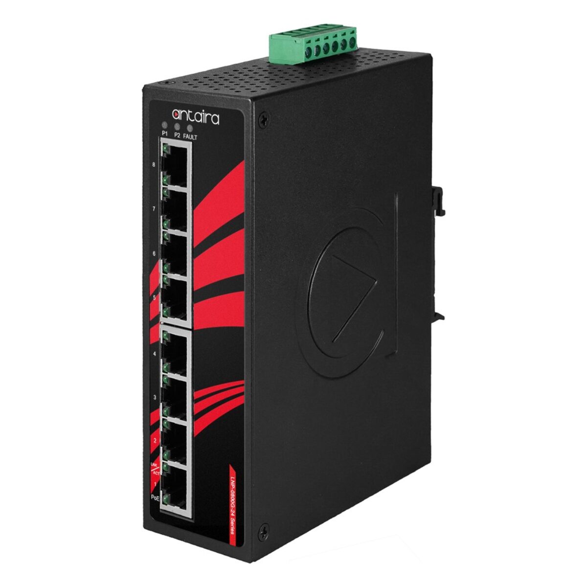 Antaira LNP-0800G-24 industrial PoE switch, left three-quarter view with eight RJ45 PoE ports, LEDs and DIN-rail clip