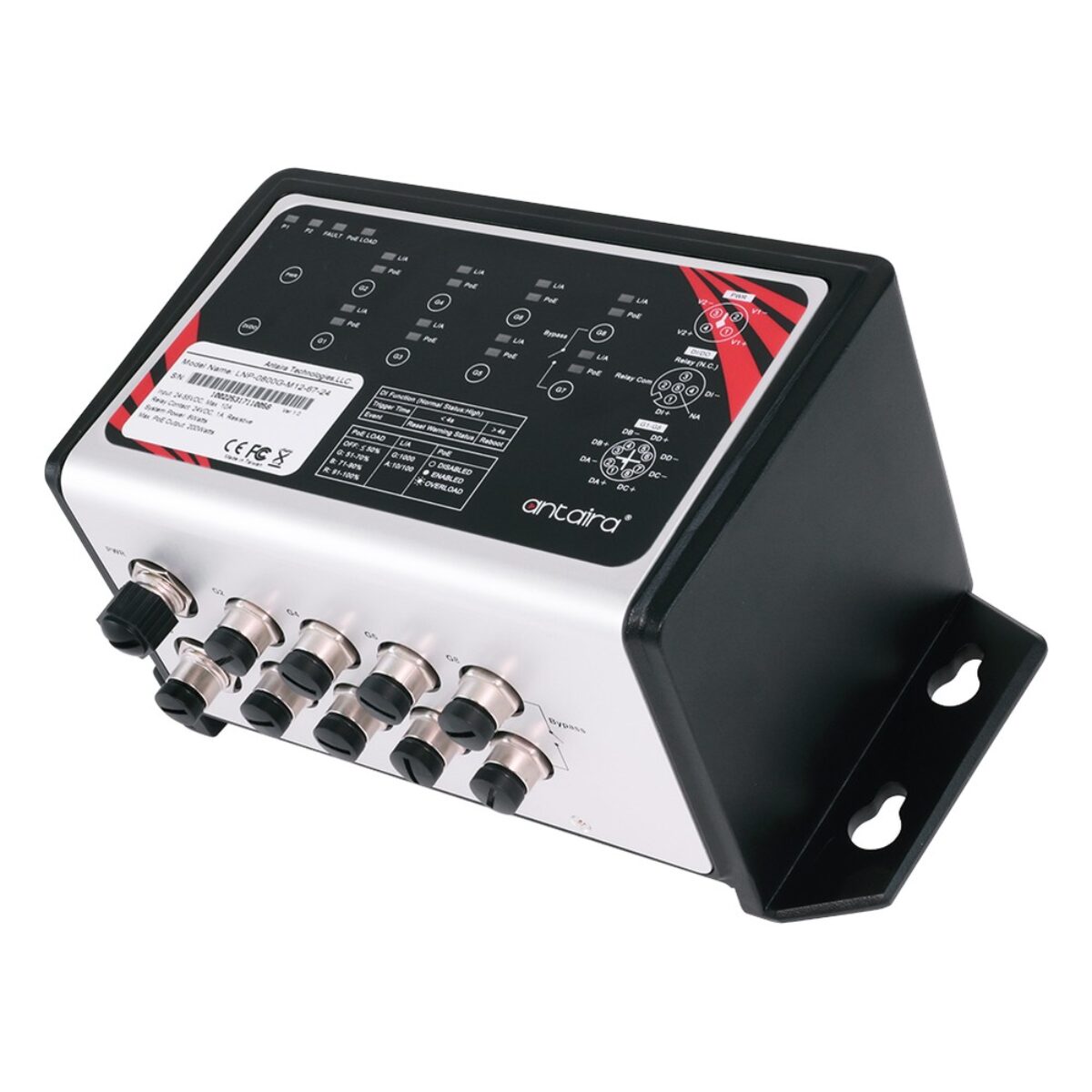 Antaira LNP-0800G-M12-67-24 M12 Ethernet switch, three-quarter view of IP67 housing with M12 ports and wall-mount flanges