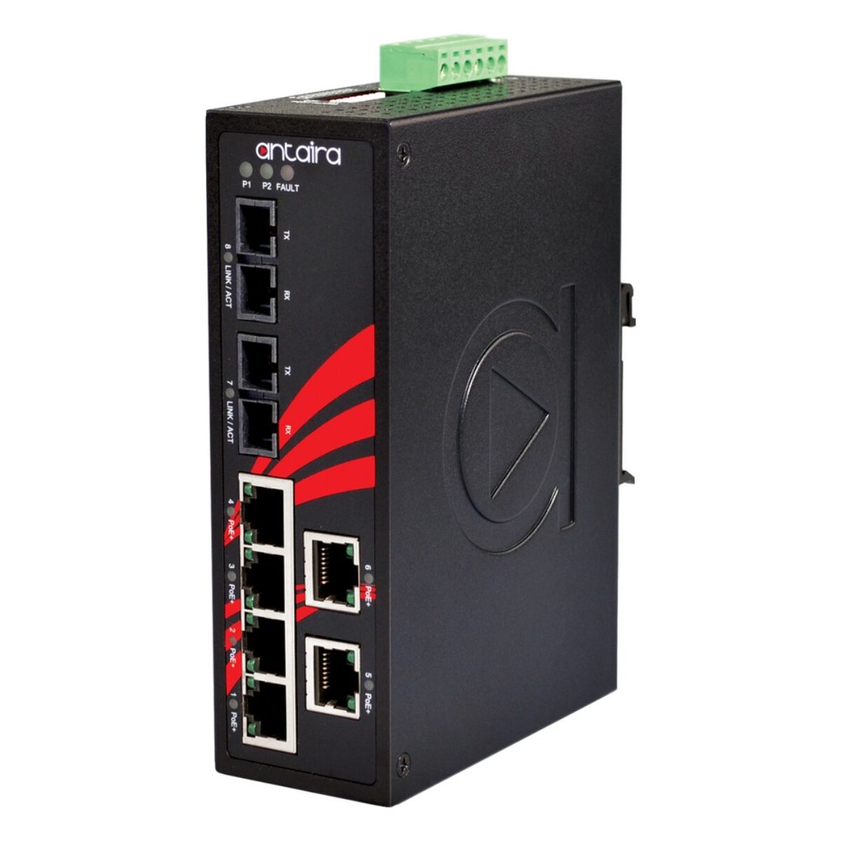 Antaira LNP-0802-M-24 industrial PoE switch, three-quarter view with two SC fiber ports, six RJ45 ports and LEDs