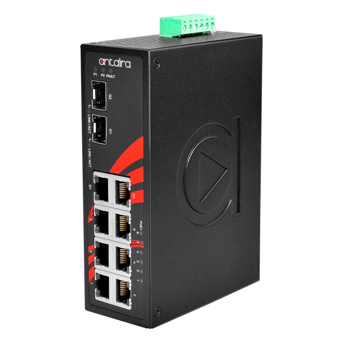 Antaira LNP-0802C-SFP industrial PoE switch, three-quarter view with two SFP ports, eight RJ45 ports, LEDs and terminal block