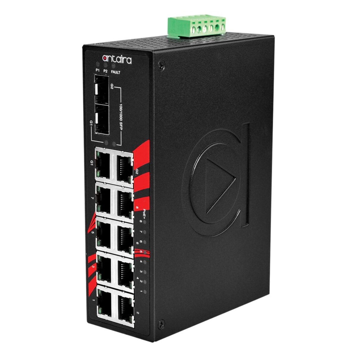 Antaira LNP-1002C-SFP-24 unmanaged industrial Ethernet switch, three-quarter view with two SFP slots, RJ45 ports and LEDs