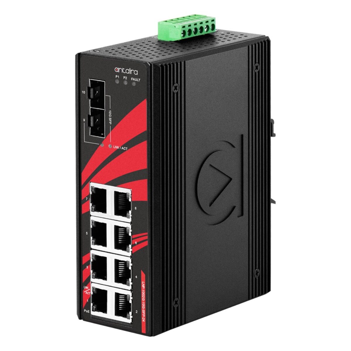 Antaira LNP-1002G-10G-SFP-24 unmanaged PoE switch, three-quarter view with two SFP+ slots, eight RJ45 ports and LEDs