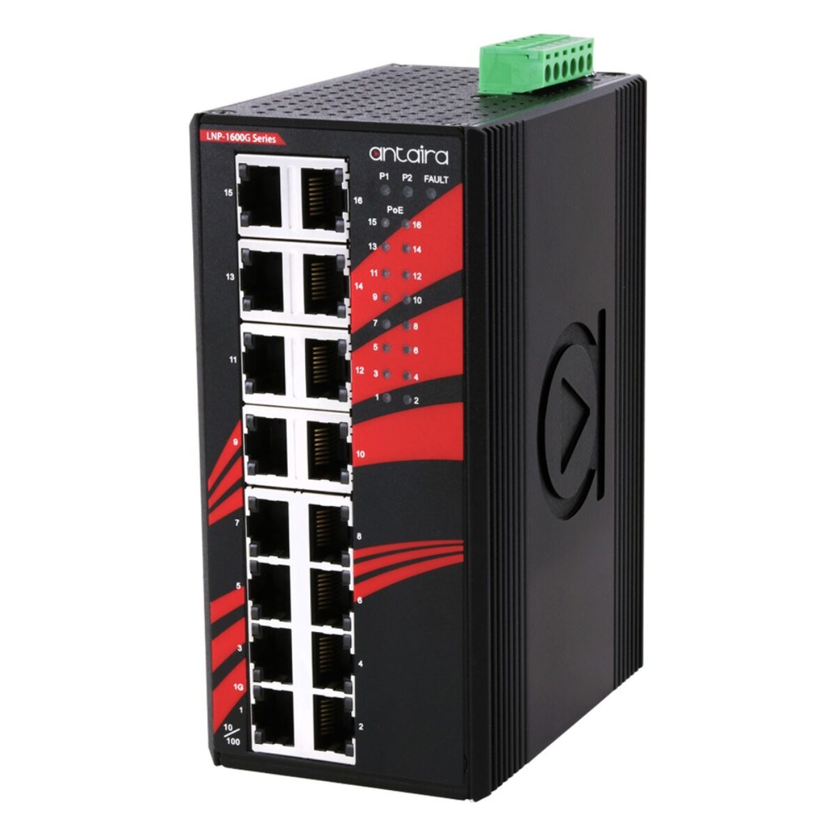 Antaira LNP-1600G DIN-rail Ethernet switch, three-quarter view with 16 RJ45 ports, LEDs and terminal block power input