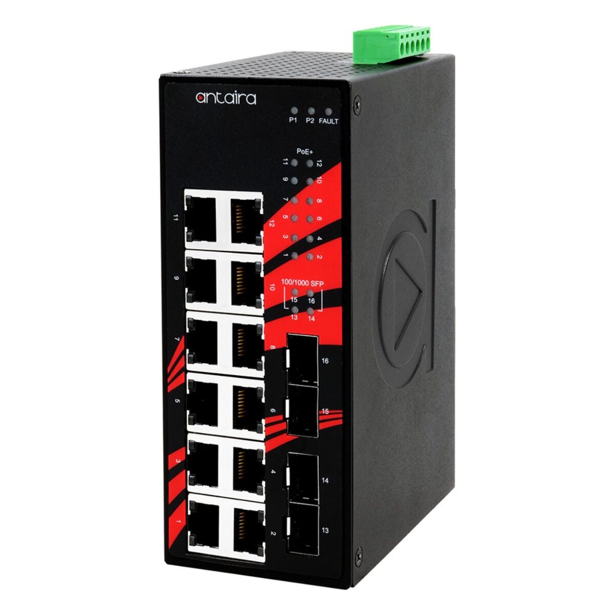 Antaira LNP-1604G-SFP DIN-rail switch, left three-quarter view with RJ45 PoE ports, SFP slots and LEDs