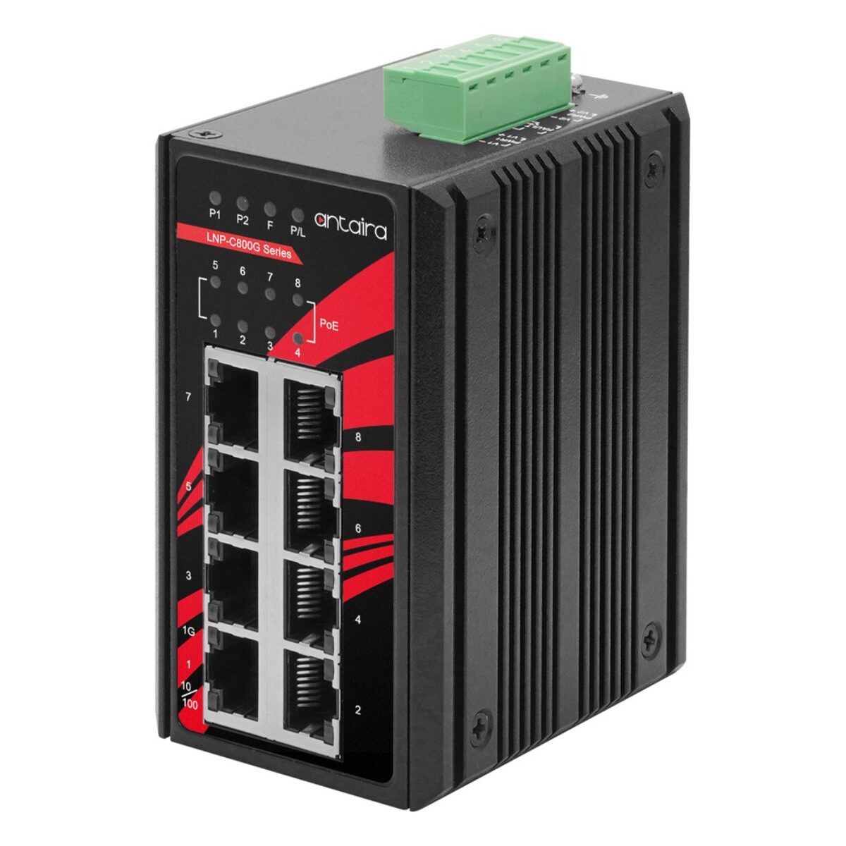 Antaira LNP-C800G industrial PoE switch, three-quarter view with eight RJ45 ports, LEDs and terminal block power input