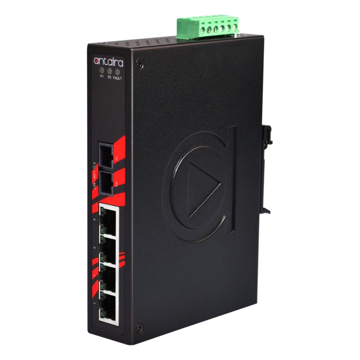 Antaira LNX-0501-M-T industrial Ethernet switch, three-quarter view with SC fibre port, four RJ45 ports and terminal block